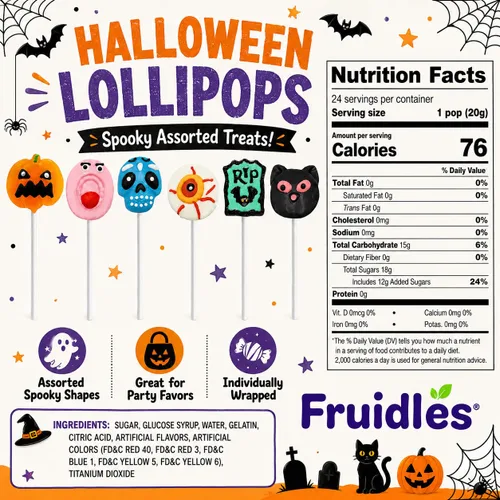 Miniatura 2 de Fruidles Lollipop Suckers Candy, dulces espeluznantes, ideales para bolsas de golosinas de fiesta de Halloween, envueltos individualmente