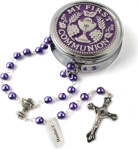 Miniatura 9 de HanlinCC - Rosario para primera comunión de 6 mm con centro de cáliz, perlas de cristal y crucifijo chapado en plata para niña, en caja de regalo