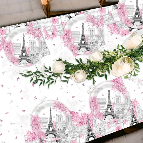 Miniatura 6 de ZOIIWA Decoración de fiesta temática de París, juego de platos y servilletas de papel de cumpleaños de Torre Eiffel, mantel desechable rosa