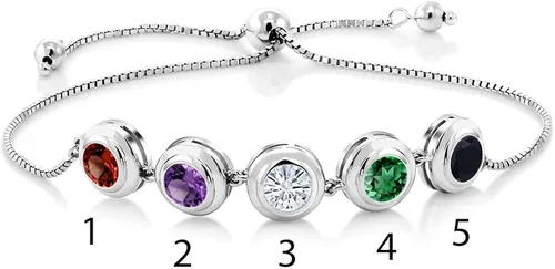 Miniatura 3 de Gem Stone King Pulsera de plata de ley 925 personalizada y personalizada de 5 piedras con bisel redondo y piedra natal para mujer, totalmente