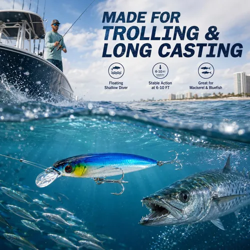 Miniatura 6 de Trolling Minnow Lure, 5.5in 1.5oz Floating Diving Hard Bait, 6-10ft ABS Laser Reflective Crankbait with BKK 4X 1/0 Treble Hooks, 1 Pack, for