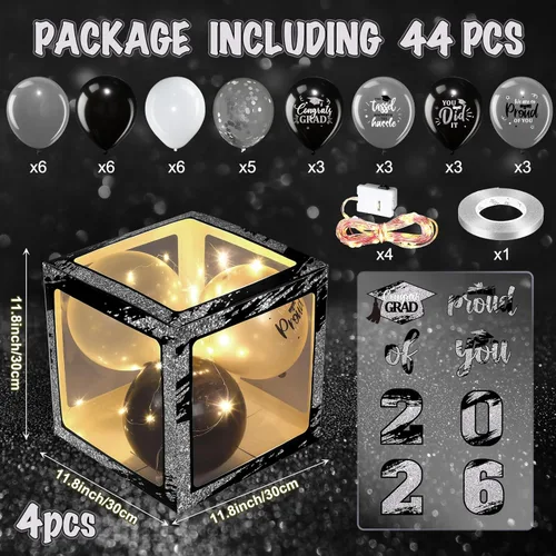 Miniatura 2 de Woanger 44 piezas de decoración de caja de graduación 2026 – Juego de cajas de fiesta de graduación de felicitaciones con cuerdas de luz LED y Negro
