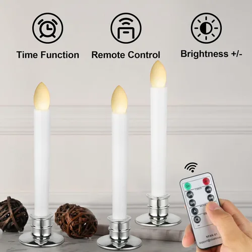Miniatura 3 de Paquete de 2 velas cónicas sin llama con control remoto/temporizador, velas LED parpadeantes operadas por batería para ventana, candelabros falsos