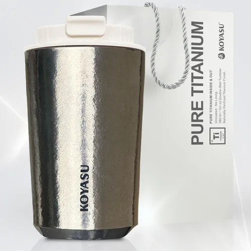 KOYASU Ti-Zen - Taza de café de viaje de titanio puro, 12 onzas, vaso de café aislado a prueba de fugas con tapa roscada con sello roscado, sin