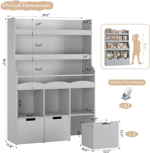 Miniatura 2 de HITHOS Estantería infantil de 55.3 pulgadas de alto con organizador de almacenamiento de juguetes, estante alto para libros con 3 contenedores Verde