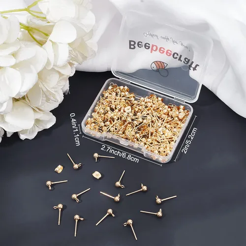 Miniatura 7 de Beebeecraft 100 PIEZAS de Pendientes de Poste de Bola Chapados en Oro de 24K con Lazo, Accesorios para Pendientes con Poste de Bola para Hacer Dorado