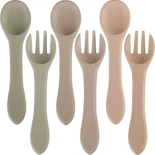 Nuenen Juego de 6 tenedores y cucharas de silicona para bebés, suministros de autoalimentación para primera etapa, mini utensilios para niños para
