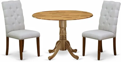 East West Furniture DLEL3-ANA-05 - Juego de mesa de comedor moderno de 3 piezas que contiene una mesa redonda de madera con gotas y 2 sillas de