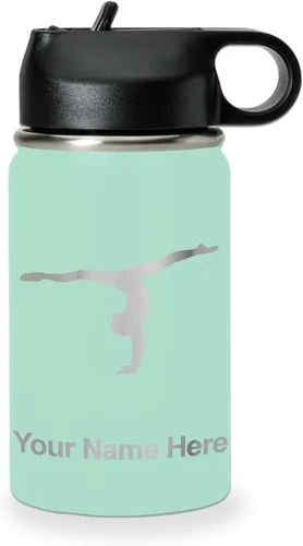 Miniatura 24 de LaserGram Botella de agua personalizada, gimnasta niña, acero inoxidable de doble pared aislada al vacío con popote superior, regalo grabado Azul