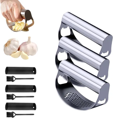 Miniatura 10 de Balancín de prensa de ajo de acero inoxidable, herramienta ergonómica de alta resistencia con pelador y cepillo para aplastar ajo, abridor de 2Sets