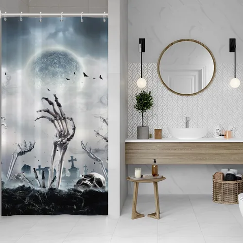 Miniatura 13 de Cortina de ducha de fantasma y gato negro para niños, 36 x 72 pulgadas, espeluznante y bonita, cortina de baño de Halloween con 6 ganchos, cortina