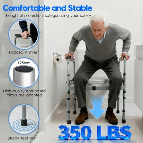 Miniatura 5 de Rieles de seguridad para inodoro para personas mayores, marco de seguridad plegable ajustable con asas acolchadas, riel de seguridad de baño