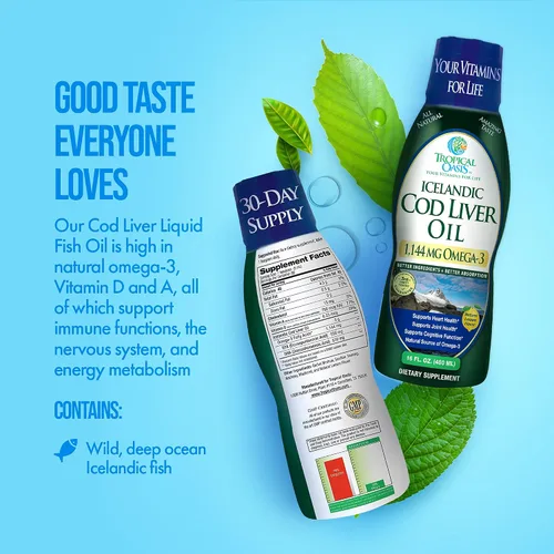 Miniatura 6 de Tropical Oasis - Aceite de hígado de bacalao islandés Máxima fuerza 1144 mg de aceite de pescado líquido natural omega-3 capturado