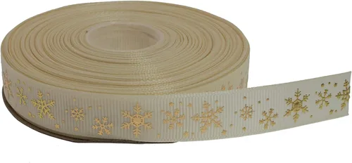 Miniatura 8 de Cinta de grogrén de copo de nieve con impresión dorada de 25 yardas cada rollo, borde tejido 100% poliéster (3/8 pulgadas, beige)