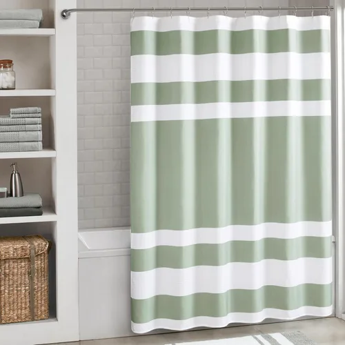 Miniatura 20 de Madison Park Cortina de ducha de tejido waffle con diseño a rayas en piezas, cortina de ducha de tela para baño con gestión de humedad 3M Rayas Taupe