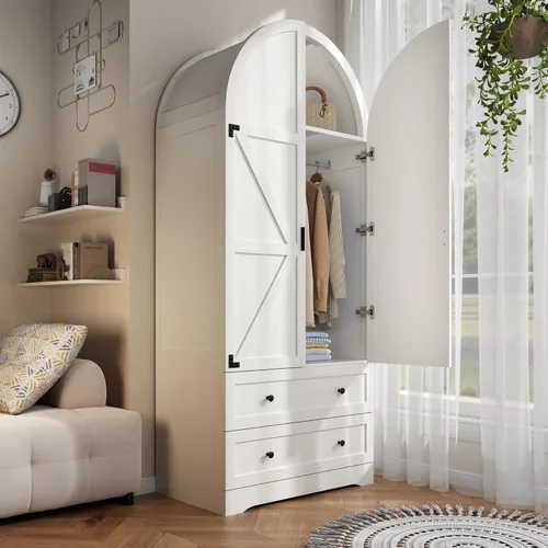Miniatura 10 de Gyfimoie Armario Ropero Negro de 74.8" con 2 Cajones y 2 Puertas, Armario Alto de Dormitorio Independiente con Estantes, Gabinete de Almacenamiento