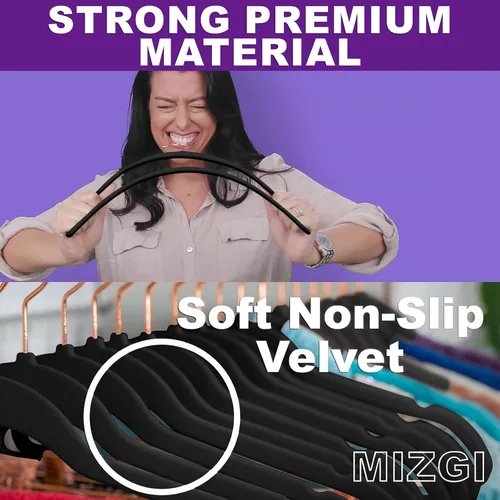 Miniatura 2 de MIZGI Perchas de Terciopelo Premium (Paquete de 50) Resistentes - Perchas de Fieltro Antideslizantes - Percha de Traje de Terciopelo Negro - Ganchos