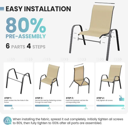 Miniatura 8 de Juego de 4 sillas de comedor para patio, sillas de comedor apilables, respaldo alto, tela de asiento transpirable y marco de acero de aleación