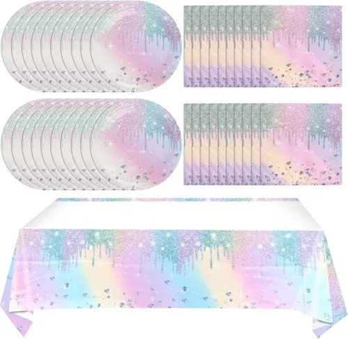 Suministros de decoración de fiesta de cumpleaños con diamantes iridescentes, juego de vajilla de papel holográfico desechable incluye 20 platos, 20