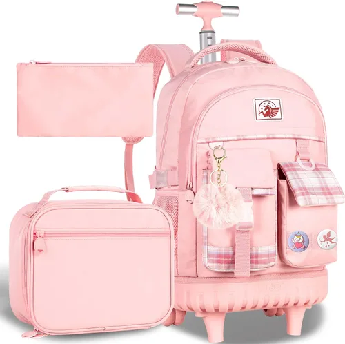 AGSDON Mochila con ruedas para niñas, 21 pulgadas, con ruedas enrollables, para laptop, mochila escolar con bolsa de almuerzo para adolescentes