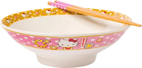 Miniatura 10 de Silver Buffalo Sanrio Hello Kitty Tazón de cerámica para ramen y arroz con diseño de flores, con palillos, apto para microondas, 20 onzas