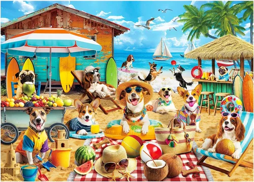 BenBen Rompecabezas para adultos de 1000 piezas, perros en la playa, divertidos rompecabezas de perro con letras en la parte posterior, rompecabezas