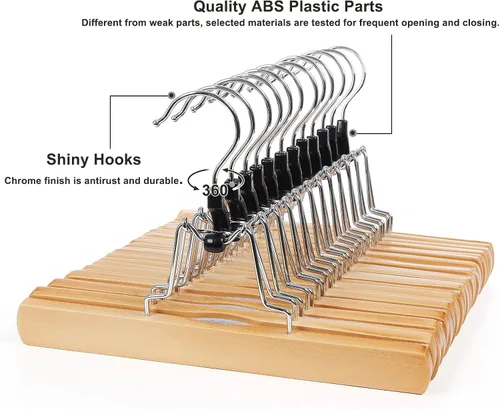 Miniatura 3 de SONGMICS Paquete de 12 perchas de madera para pantalones, madera maciza de alta calidad con fieltro antideslizante, sujeta los pantalones