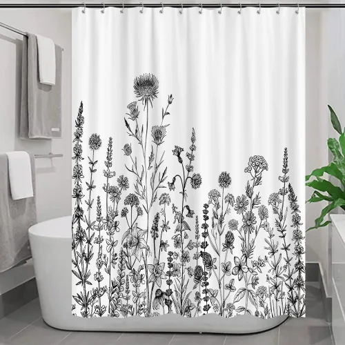 Miniatura 37 de Cortina de ducha de mariposa floral negra y dorada, cortina de ducha bohemia con diseño botánico de flores oscuras para baño con gancho, juego