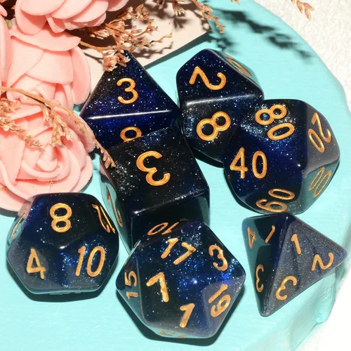 Miniatura 3 de Dados DND Galaxy de 7 piezas, con purpurina cósmica azul y negro mixto, dados DND poliédricos para juegos de mesa RPG MTG