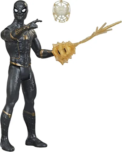Marvel Spider-Man - Figura de acción de Spider-Man de 6 pulgadas, color negro y dorado, incluye accesorio de armadura de equipo de red misteriosa y