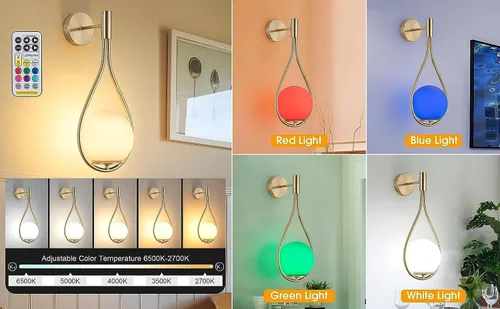 Miniatura 2 de Paquete de apliques de pared/luces de pared, no cableadas de latón dorado, lámparas de pared de globo de vidrio blanco, lámpara inalámbrica