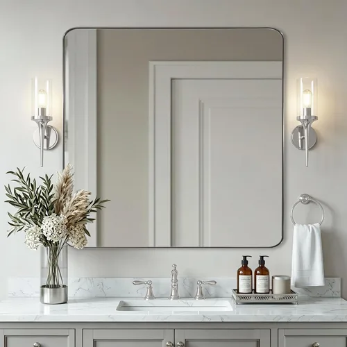 Miniatura 9 de ANDY STAR Espejo cuadrado de níquel cepillado para baño, espejo de pared de marco de metal plateado de 24”x24”, espejo de acero inoxidable