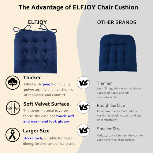 Miniatura 2 de ELFJOY Paquete de 4 Cojines para Sillas de Comedor, Almohadillas para Sillas de Cocina y Oficina, Cojín Cuadrado Acolchado para Asiento con Lazos V