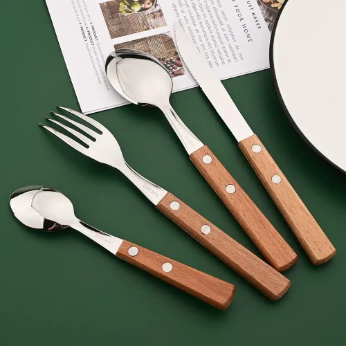 Miniatura 5 de Juego de cubiertos de 24 piezas con mango de madera, juego de cubiertos de acero inoxidable 304 para el hogar, cocina, restaurante, juego de vajilla