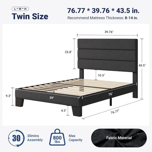 Miniatura 2 de Allewie Base de cama de plataforma de tamaño individual con cabecera tapizada de tela y soporte de listones de madera, base de colchón totalmente