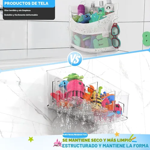 Miniatura 7 de Lysam Almacenamiento de juguetes de baño, 2 paquetes, soporte grande para juguetes de baño con 3 compartimentos, organizador de juguetes de bañera