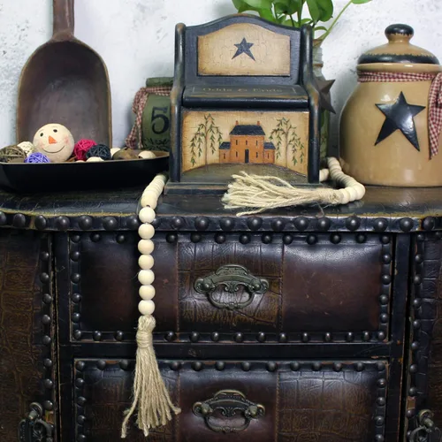 Miniatura 4 de CVHOMEDECO. Guirnalda de cuentas de madera con borlas, estilo rústico de granja, cadena de cuentas de oración para colgar en la pared, acento