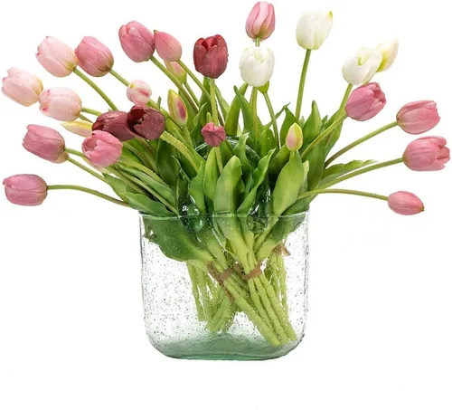 Miniatura 6 de DUYONE 15 tulipanes artificiales, ramo de látex, tulipanes falsos para oficina, boda, fiesta, hogar, cocina, jardín (rosa claro, 15 unidades)
