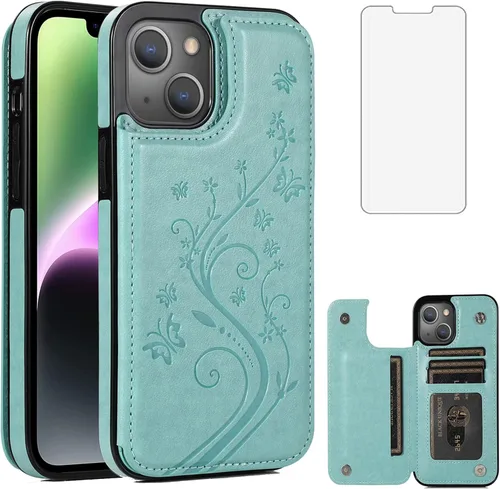Miniatura 12 de Funda compatible con iPhone 15 Plus de 6.7 pulgadas con protector de pantalla de vidrio templado y tarjetero con soporte para tarjetero, funda