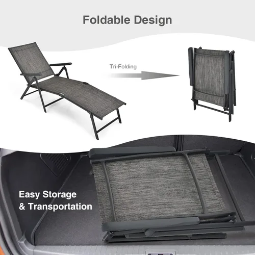 Miniatura 8 de COSTWAY 2 piezas de tumbona plegable, tela ligera y transpirable, silla reclinable de bronceado al aire libre para terraza, playa (gris)