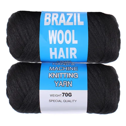 COOKOO 2 rollos de hilo de lana brasileña color negro natural para cabello trenzado de ganchillo, trenzas, torsión, urdimbres, torsión senegalesa,