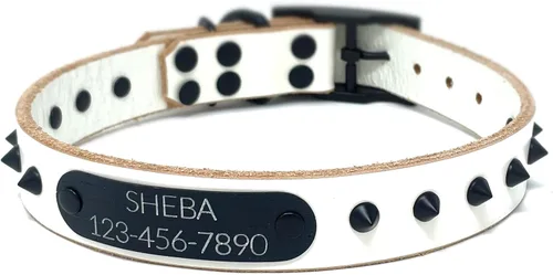 Miniatura 15 de Personalized Spiked Bridle Leather Dog Collar, Engraved Matte Black Metal Nameplate (Mustard Yellow)