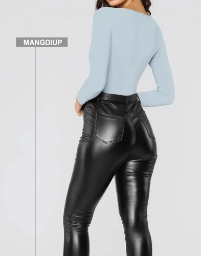 Miniatura 174 de MANGDIUP Body esencial para mujer, cuello redondo, manga larga, ajustado, elástico, de algodón y elastano