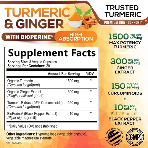Miniatura 2 de Cúrcuma Curcumina con BioPerine & Jengibre 95% Curcuminoides 1950mg – Pimienta Negra para Absorción, Hecho en Estados Unidos, apoyo inmunológico