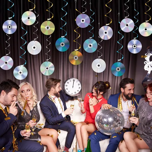 Miniatura 8 de 24 espirales colgantes de fiesta de los años 90, decoración retro de CD con temática de música, serpentinas de techo para fiestas de cumpleaños