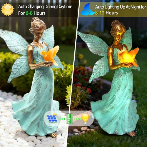 Miniatura 6 de Decoración solar de estatua de jardín de hadas, figura de resina de ángel de 10 pulgadas, impermeable, decoración del hogar con luces LED de colibrí