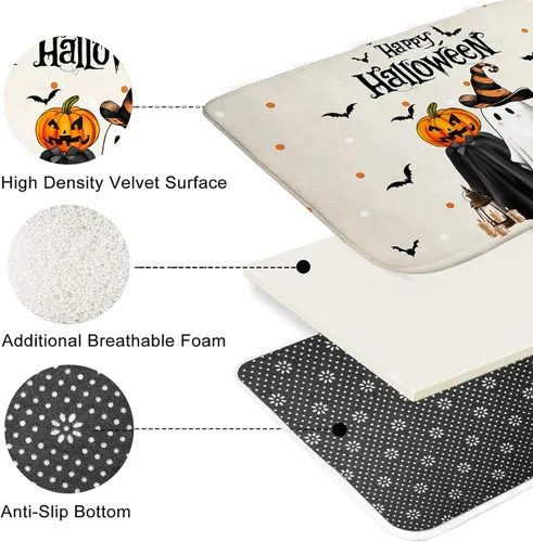 Miniatura 6 de Mocsicka Juego de cortinas de ducha de Halloween para baño, 4 piezas, fantasma, gato, calabaza, juegos de baño con alfombras antideslizantes