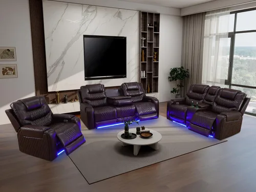 Miniatura 20 de Juego de sofá reclinable eléctrico, seccional de cuero transpirable beige, juego de muebles de sala de estar, 2 piezas, sofá reclinable eléctrico