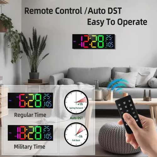 Miniatura 3 de HAITANG Reloj de pared digital de 8 colores, reloj digital grande de 16.2 pulgadas con temperatura, fecha, DST automático, luz nocturna, atenuador