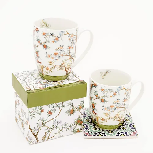 Miniatura 3 de ALYC Juego de Tazas de Café de Porcelana Fina – Diseño de Taza de Té con Pájaro y Flores de Rama – Paquete de 2 Tazas de Té de Porcelana con Caja